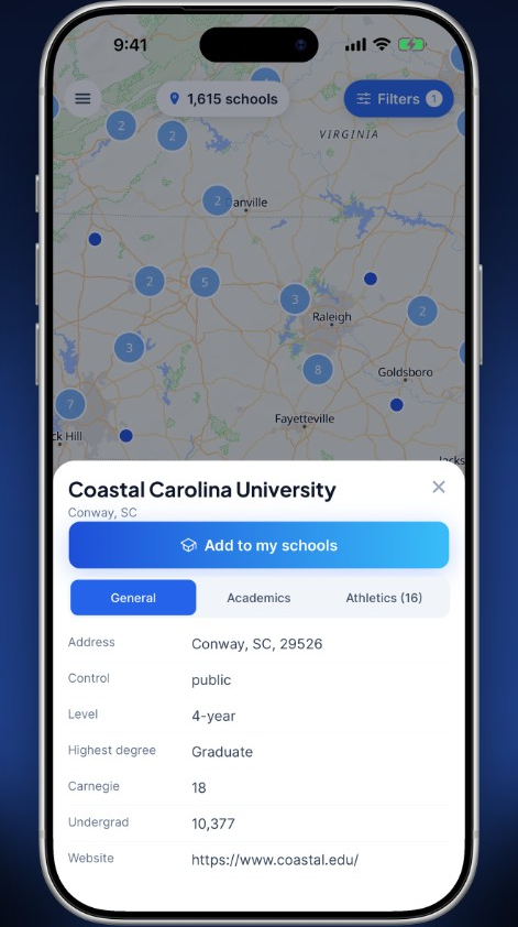 Finding colleges on the map in the CoachOutreach app