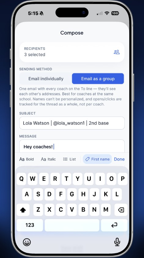 Emailing coaches from the CoachOutreach app