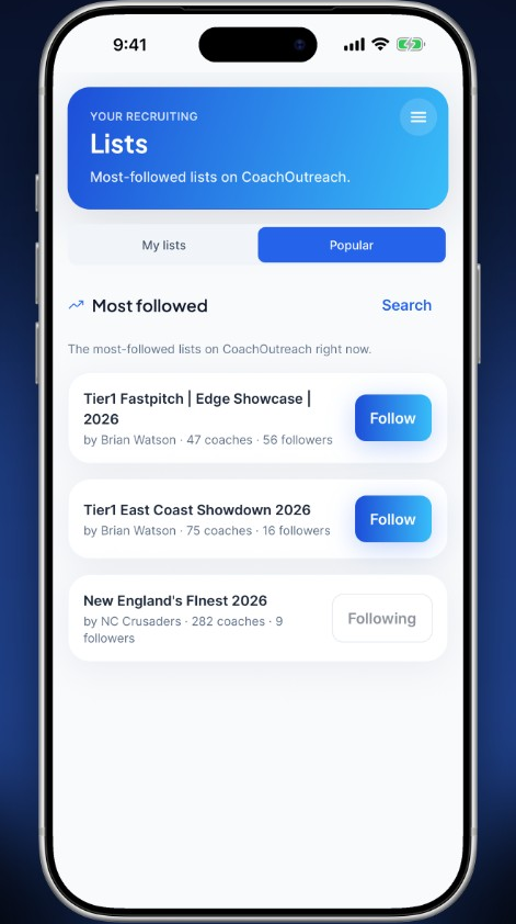 Following tournament coach lists in the CoachOutreach app